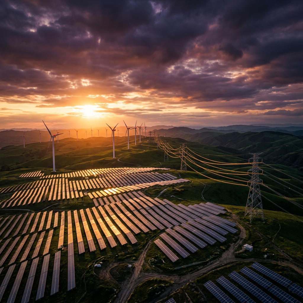 Renewable energy infrastructure landscape at dusk